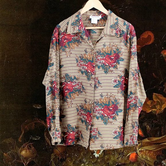 Vintage Allison Taylor Tops - VTG 90s 100% Silk Blouse Button Front Long Sleeve Collar Floral Houndstooth Boxy